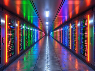 Fototapeta premium Modern data center with illuminated server racks, showcasing advanced technology infrastructure and vibrant lighting in a long corridor.