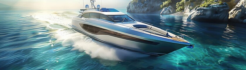 Fototapeta premium Luxury yacht cruising through crystal clear waters near rocky cliffs on a sunny day, showcasing an adventurous and high-class lifestyle.