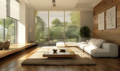 Modern living room with an empty coffee table