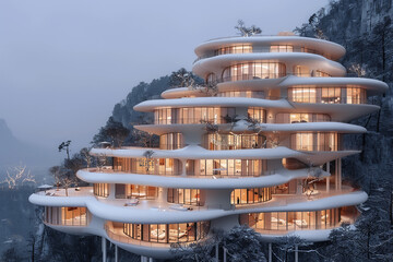 Modern multi-story building with layered architecture amidst snowy mountains illuminated at twilight, showcasing contemporary design.