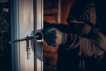 Criminal trying to brake in house One man, criminal dressed all in black with crowbar, trying to break through door in house