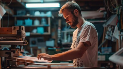 A man operates a screen printing machine in a workshop