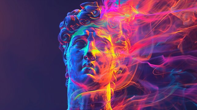 abstract ancient male classical statue with fiery smoke glitch effect modern