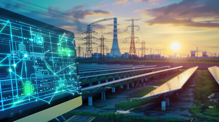 The digital computer display showed a grid of blue digital lines and green icons on it. In the background was an electric power station surrounded by solar panels