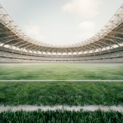 Fototapeta premium Empty modern football stadium with lush green grass and clear sky. Perfect for sports events, competitions, and outdoor activities.
