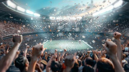 Excited crowd cheering at a football stadium during a thrilling match, capturing the energy and excitement of live sports.