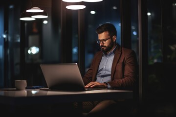 night, overtime and deadline with a business man at work on a computer in a dark office in the evening. laptop, network and management with a male employee working late on a global project or deal