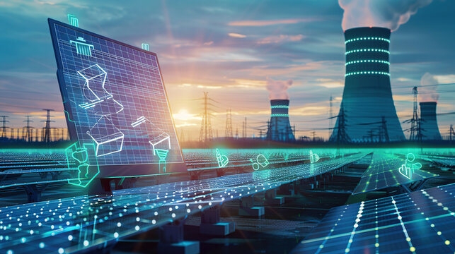 The digital computer display showed a grid of blue digital lines and green icons on it. In the background was an electric power station surrounded by solar panels