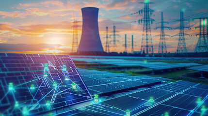 The digital computer display showed a grid of blue digital lines and green icons on it. In the background was an electric power station surrounded by solar panels