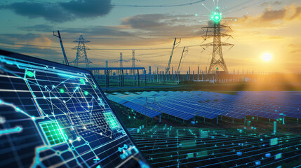 The digital computer display showed a grid of blue digital lines and green icons on it. In the background was an electric power station surrounded by solar panels