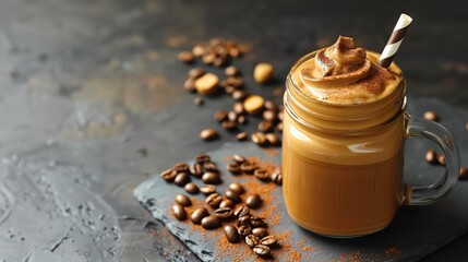 Dalgona coffee in a mason jar with a striped straw and a sprinkle of instant coffee, mason jar dalgona coffee, classic presentation