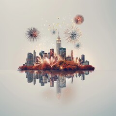 Fototapeta premium Stunning city skyline with fireworks reflected in water, creating a festive and vibrant urban landscape.