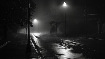 A lone street lamp illuminates the otherwise dark and dreary rainsoaked streets. Black and white art