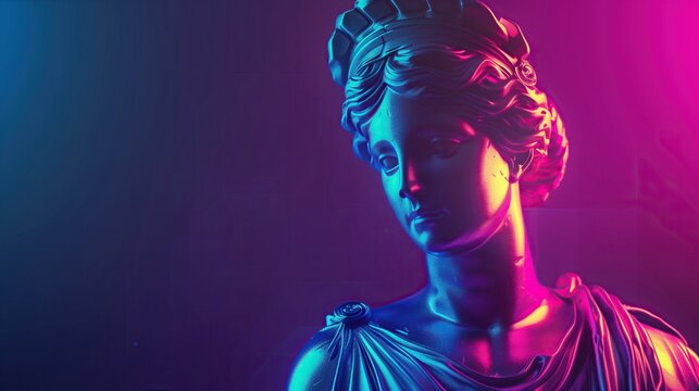 classical ancient women statue in abstract glowing neon lighting modern digital art on dark background with copy space