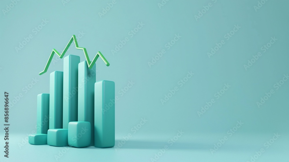 Poster 3d bar graph and line chart on light blue background representing business analytics, data trends, a