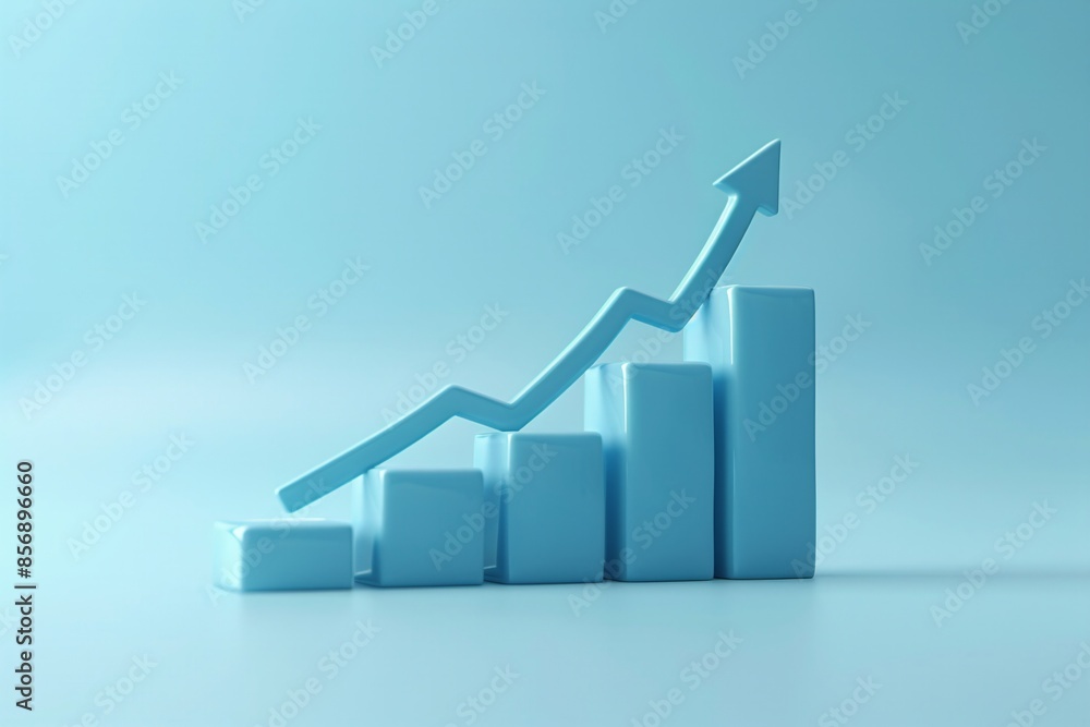 Poster 3d bar graph showing upward business growth with an arrow indicating increasing statistics and econo