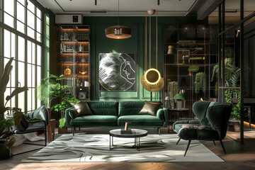 Interior Bauhaus design living room, dark green design simple, practical yet aesthetically pleasing designs rational and logical foundation