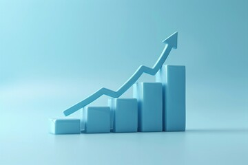 3D bar graph showing upward business growth with an arrow indicating increasing statistics and economic progress on a blue background.