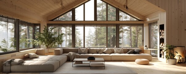 Fototapeta premium Scandinavian-inspired house with minimalist design, natural materials, and large windows.