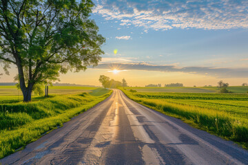 Fototapeta premium Rural road between fields in warm sunshine under dramatic sky, fresh vibrant colors,