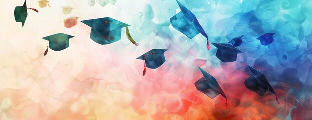 Low-angle capture of graduation hats soaring, watercolor style with soft edges, gentle pastel hues, joyous atmosphere, dynamic motion lines, light breeze effect, expressive and whimsical scene