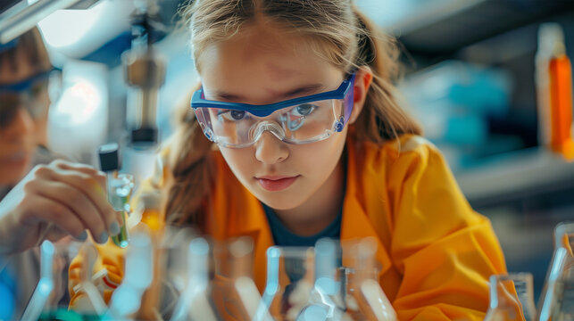 Chemistry, Science Lab at School, Girl Making Research, School Project for Education. Student Scientific Curiosity and Experiments.