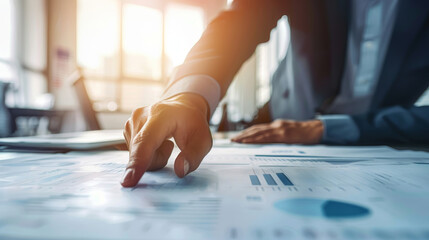 a close-up of a business man hand pointing at a document with charts and graphs