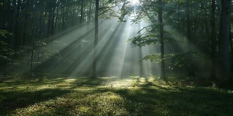 Obraz premium Sunlight Streaming Through Serene Forest Trees in Early Morning