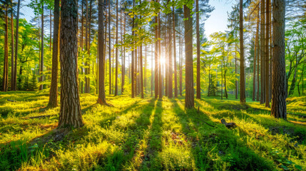 Forest panorama, the sun breaks through the trees