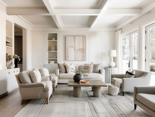 Fototapeta premium Interior living room with neutral tones and white walls in a modern style family home.