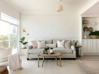 Obraz premium Interior living room with neutral tones and white walls in a modern style family home.