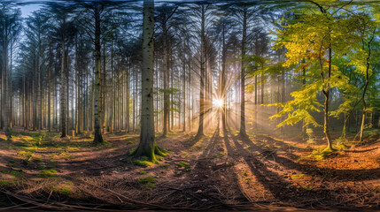 Obraz premium Forest panorama, the sun breaks through the trees
