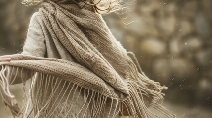 A child twirling in a fringed woolen cape the fabric appearing to glide through the air like feathers.