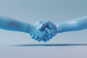 3D rendered image of two blue hands shaking hands, symbolizing cooperation, partnership, business agreement, and mutual understanding.