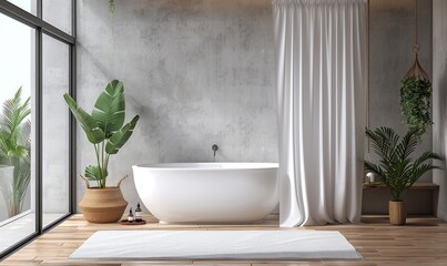 Minimalist bathroom with a blank shower curtain
