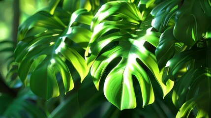 Monstera Plant Leaves with sunlight shine through the leaves.