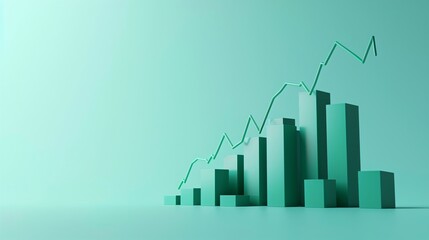 3D rendering of a green bar graph with an upward trend line, depicting growth, success, and positive business metrics.