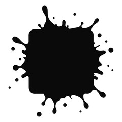 A black square with black paint splattered on white background