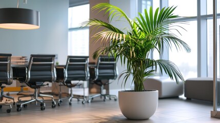 Palm plant in a pot in the corner of a room in a modern minimalist interior