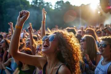 Happy young woman enjoys summer music festival, with sunlit crowd and stage background. Cheerful festivalgoer in stylish sunglasses dances at beach event, vibrant celebration mood.