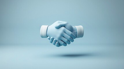 A 3D illustration of two hands shaking, symbolizing agreement, partnership, and cooperation in a minimalistic blue background.