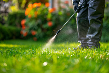 Worker spraying pesticide on a green lawn outdoors for pest control