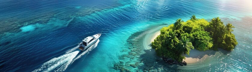 Aerial view of a speedboat sailing by a small tropical island surrounded by clear turquoise water and coral reefs in a serene ocean setting.