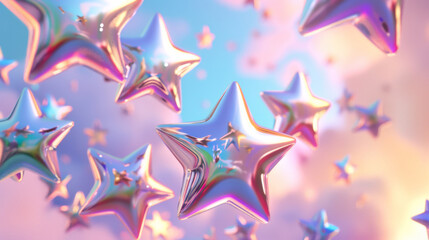 Obraz premium a group of holographic 3D chrome stars floating in a blue sky with white clouds.