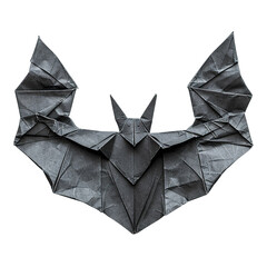 Angled view of a black origami bat isolated on a white transparent background