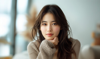 顔に手を添える女性