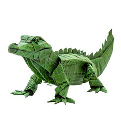 Fototapeta premium Angled view of a green origami crocodile isolated on a white transparent background