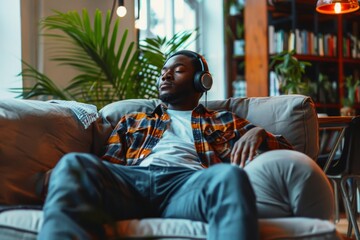 Fototapeta premium A man sits on a couch and relaxes with headphones while listening to music