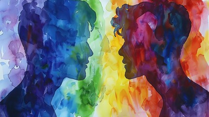Rainbow Love Two watercolor silhouettes of men facing each other, adorned with a spectrum of vibrant rainbow colors, symbolizing love and acceptance