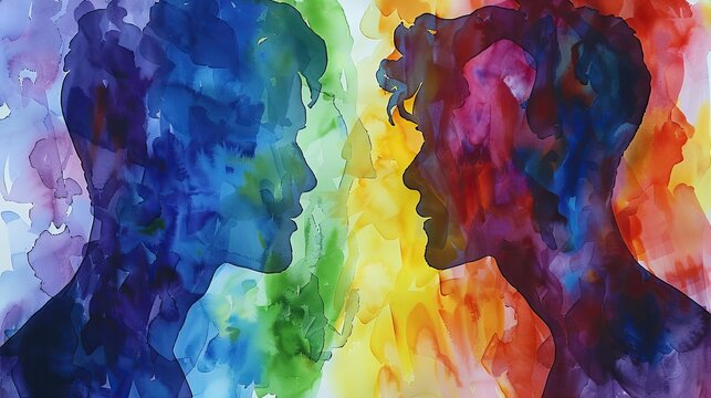 Rainbow Love Two watercolor silhouettes of men facing each other, adorned with a spectrum of vibrant rainbow colors, symbolizing love and acceptance